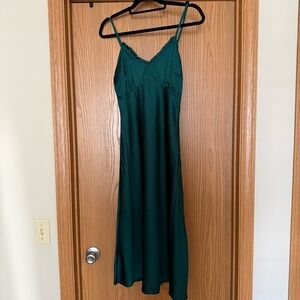 Green Satin Midi Slip Dress